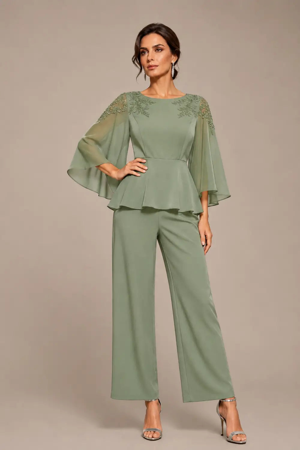 Lace Bodice Chiffon Capelet Pant Suit