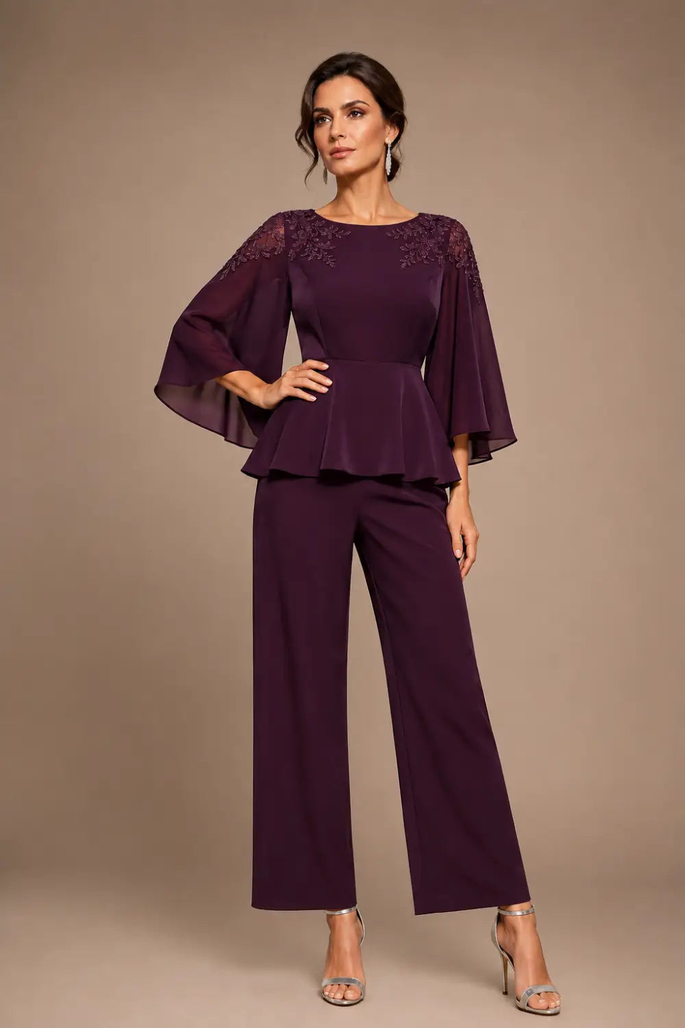 Lace Bodice Chiffon Capelet Pant Suit