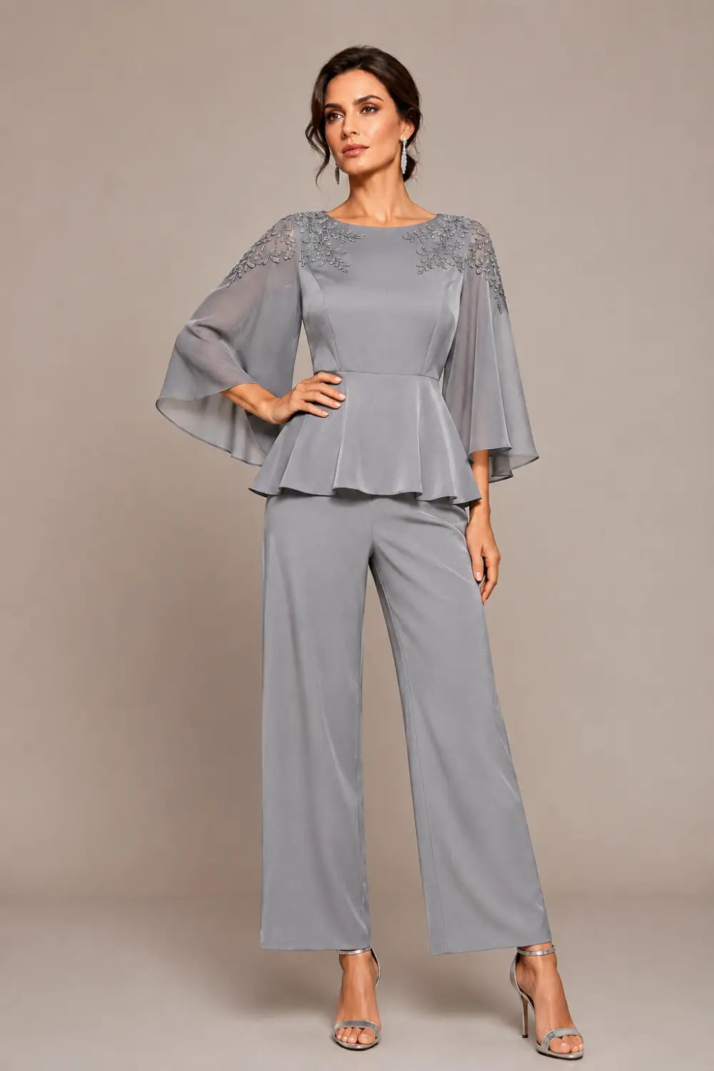Lace Bodice Chiffon Capelet Pant Suit