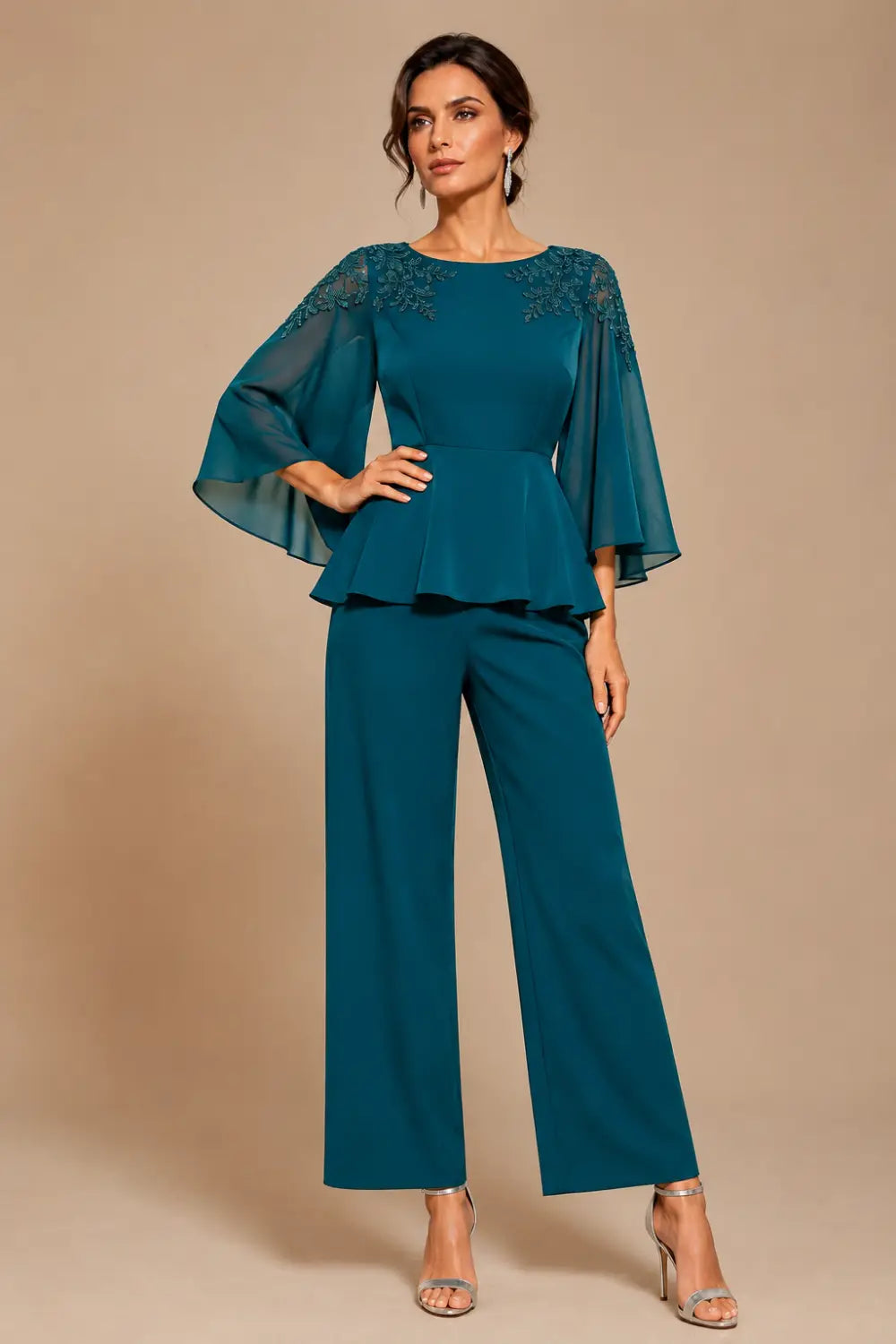 Lace Bodice Chiffon Capelet Pant Suit