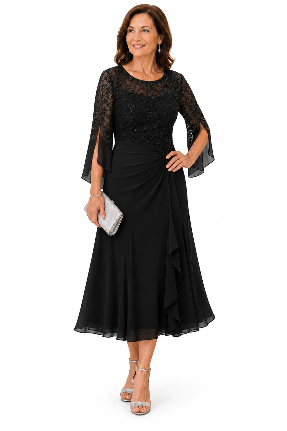 Lace Bodice Ruched-Waist Midi Dress with Ruffle Skirt