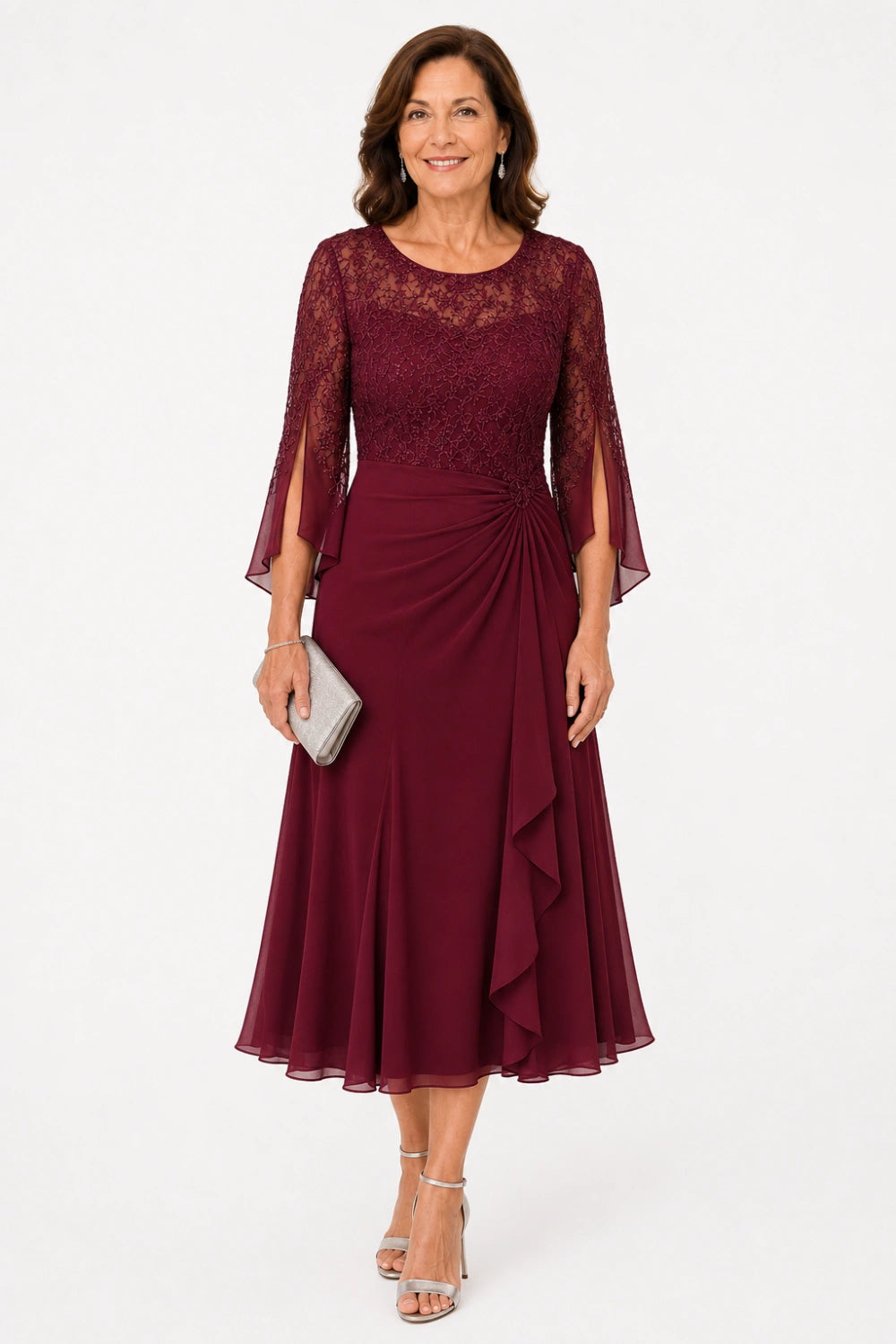 Lace Bodice Ruched-Waist Midi Dress with Ruffle Skirt