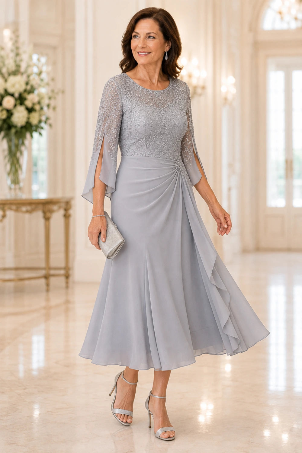 Lace Bodice Ruched-Waist Midi Dress with Ruffle Skirt
