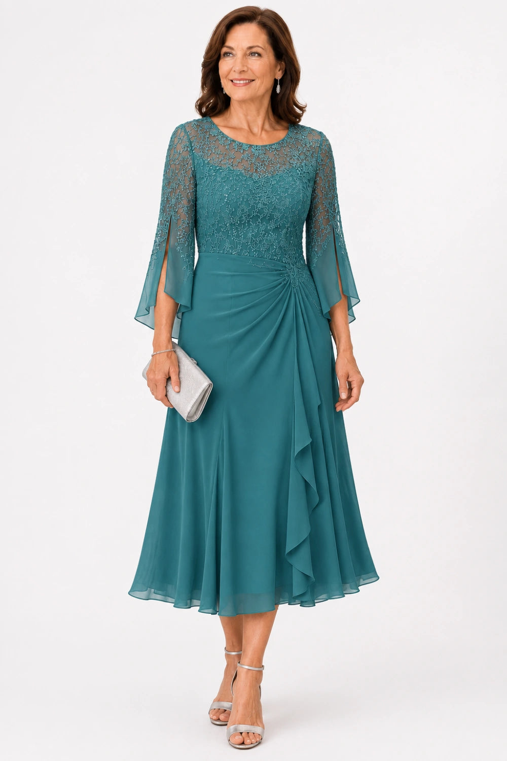 Lace Bodice Ruched-Waist Midi Dress with Ruffle Skirt