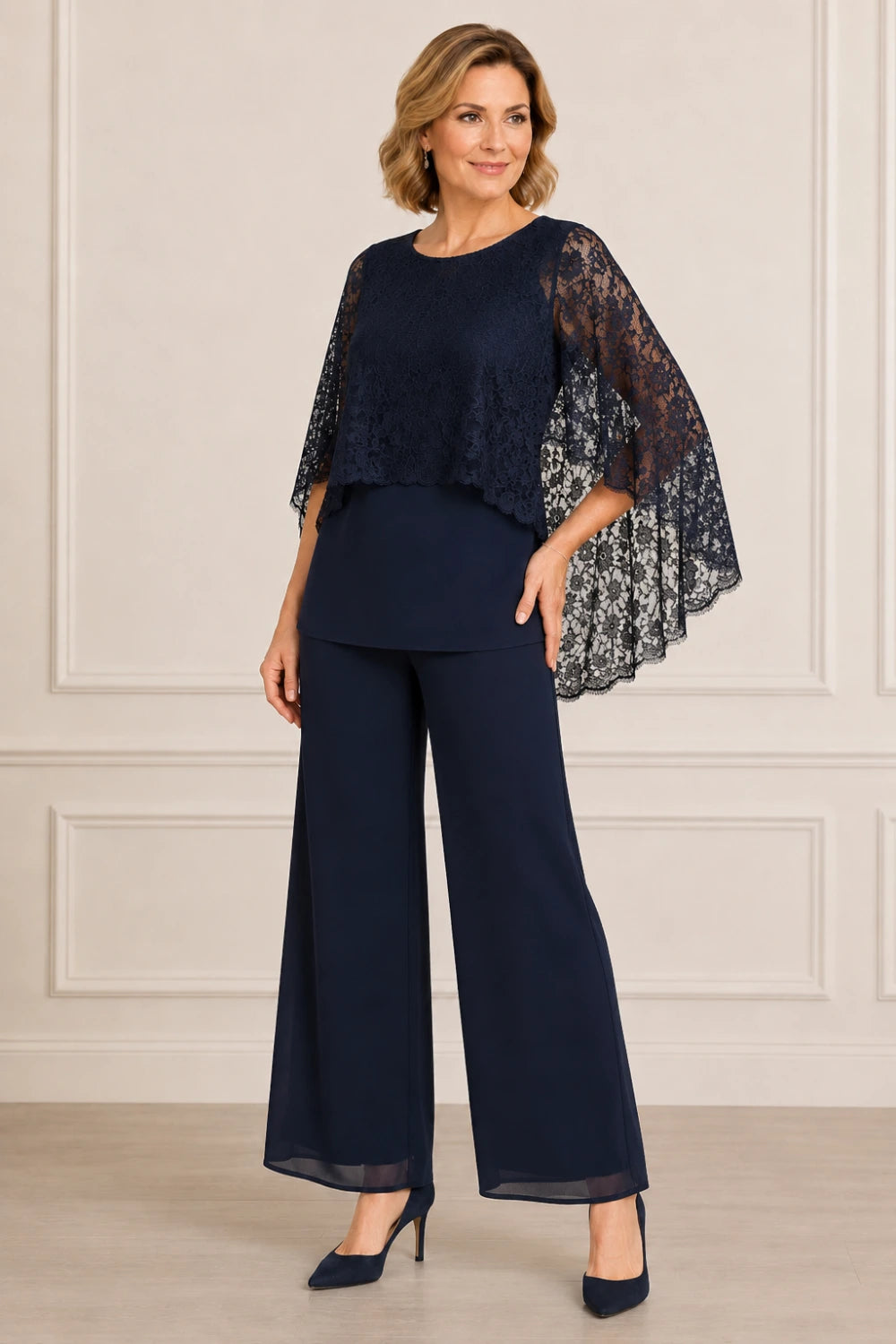 Lace Cape Mother of the Bride Pant Suit with Wide Legs