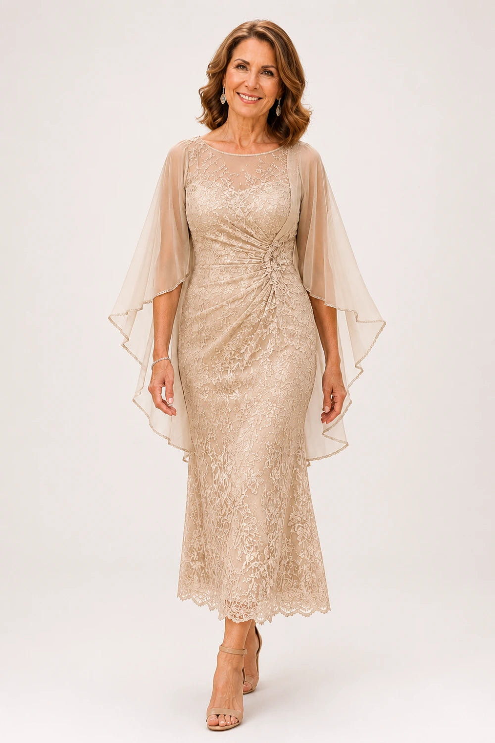 Lace Midi Dress with Tiered Sheer Cape Sleeves