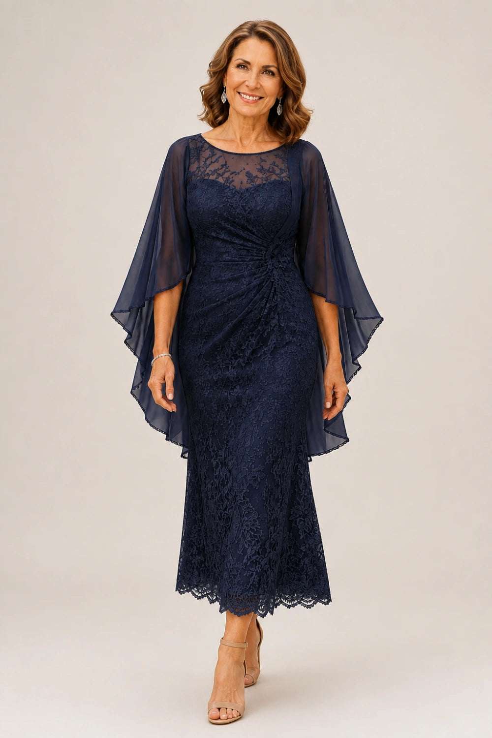Lace Midi Dress with Tiered Sheer Cape Sleeves