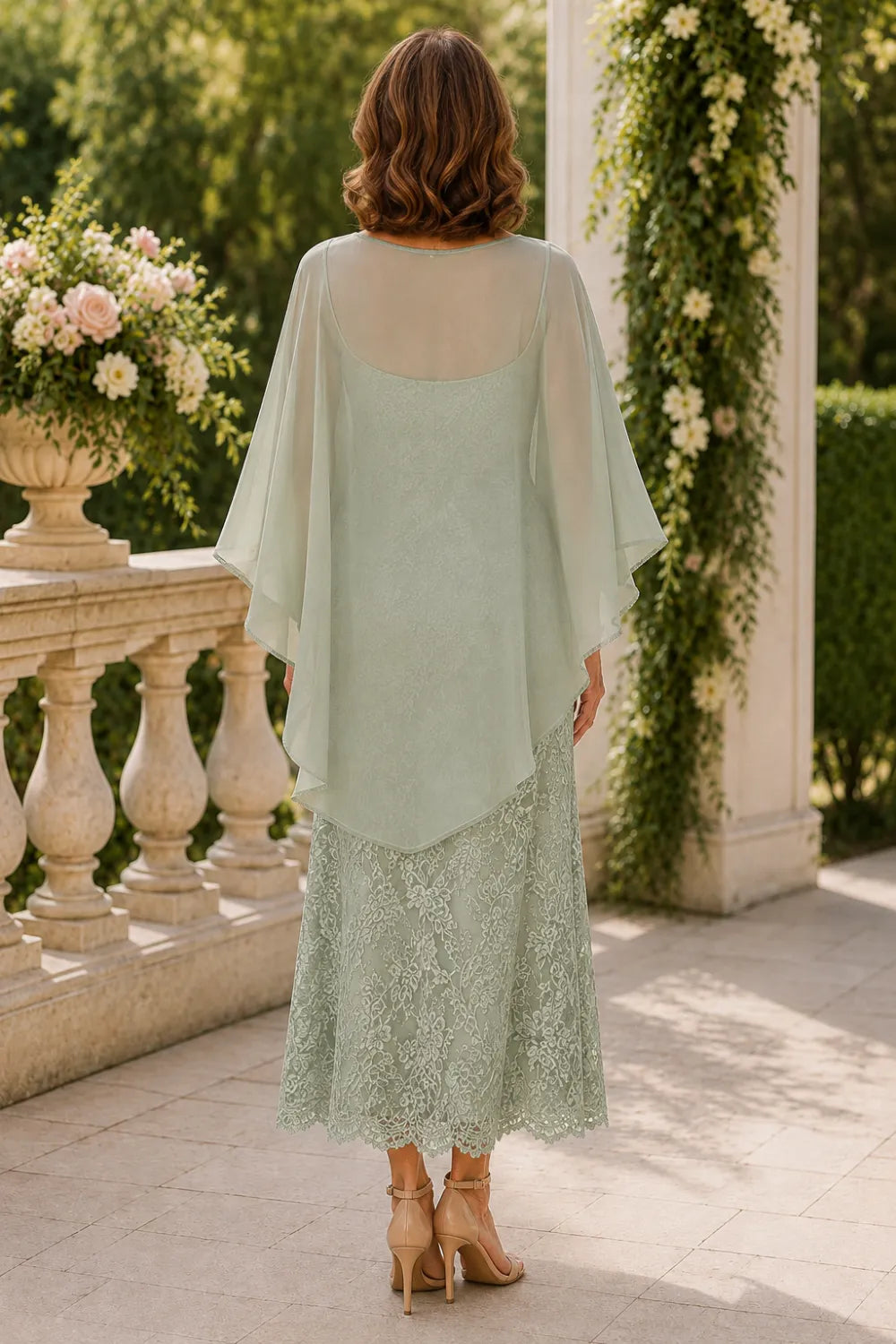 Lace Midi Dress with Tiered Sheer Cape Sleeves