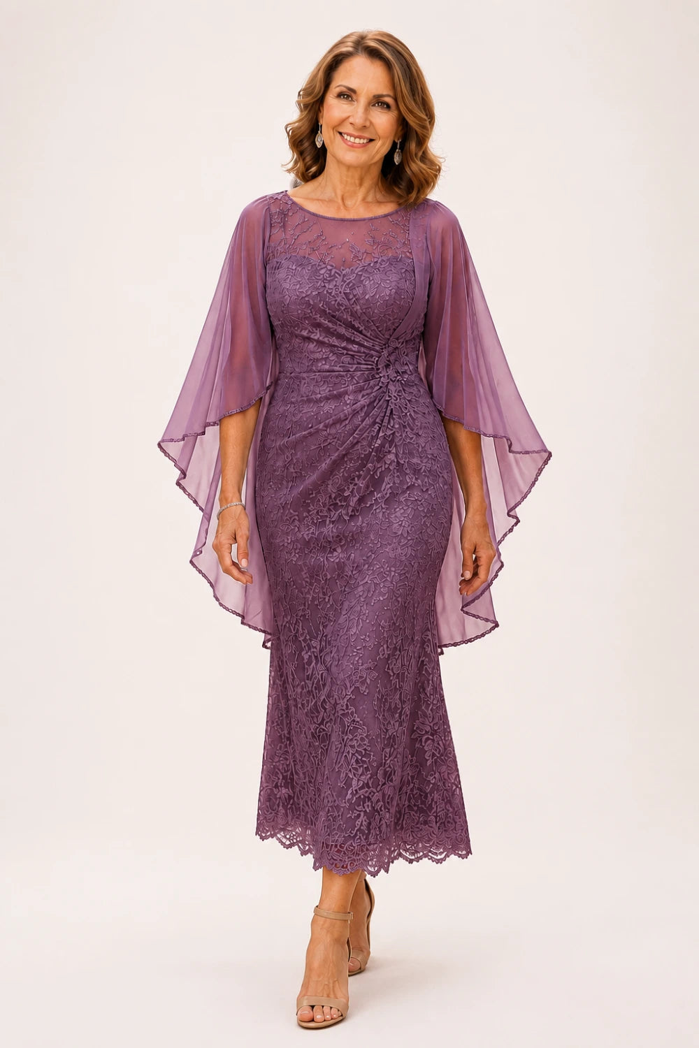Lace Midi Dress with Tiered Sheer Cape Sleeves