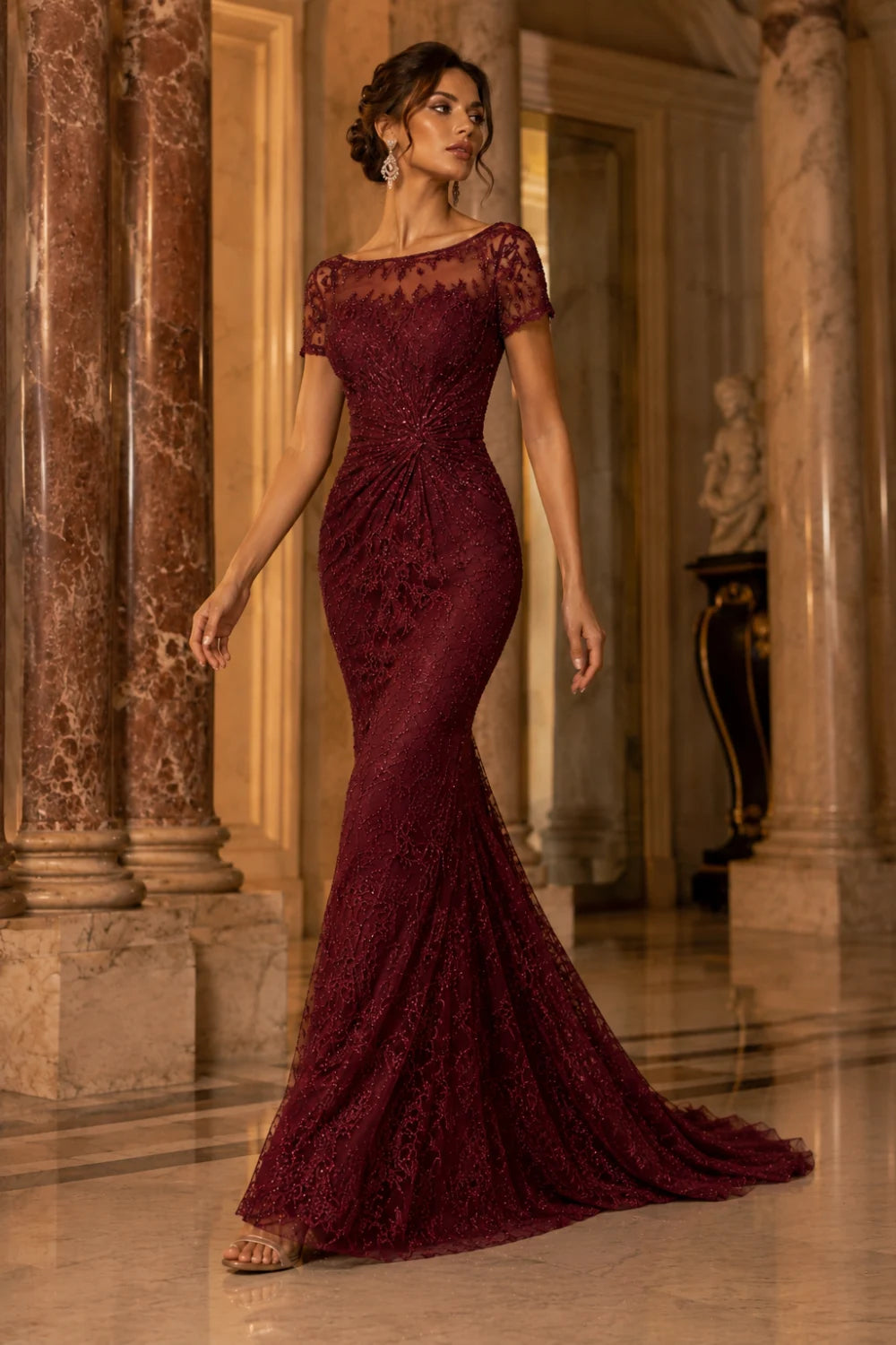 Lace Sequin Short Sleeve Mermaid Evening Gown