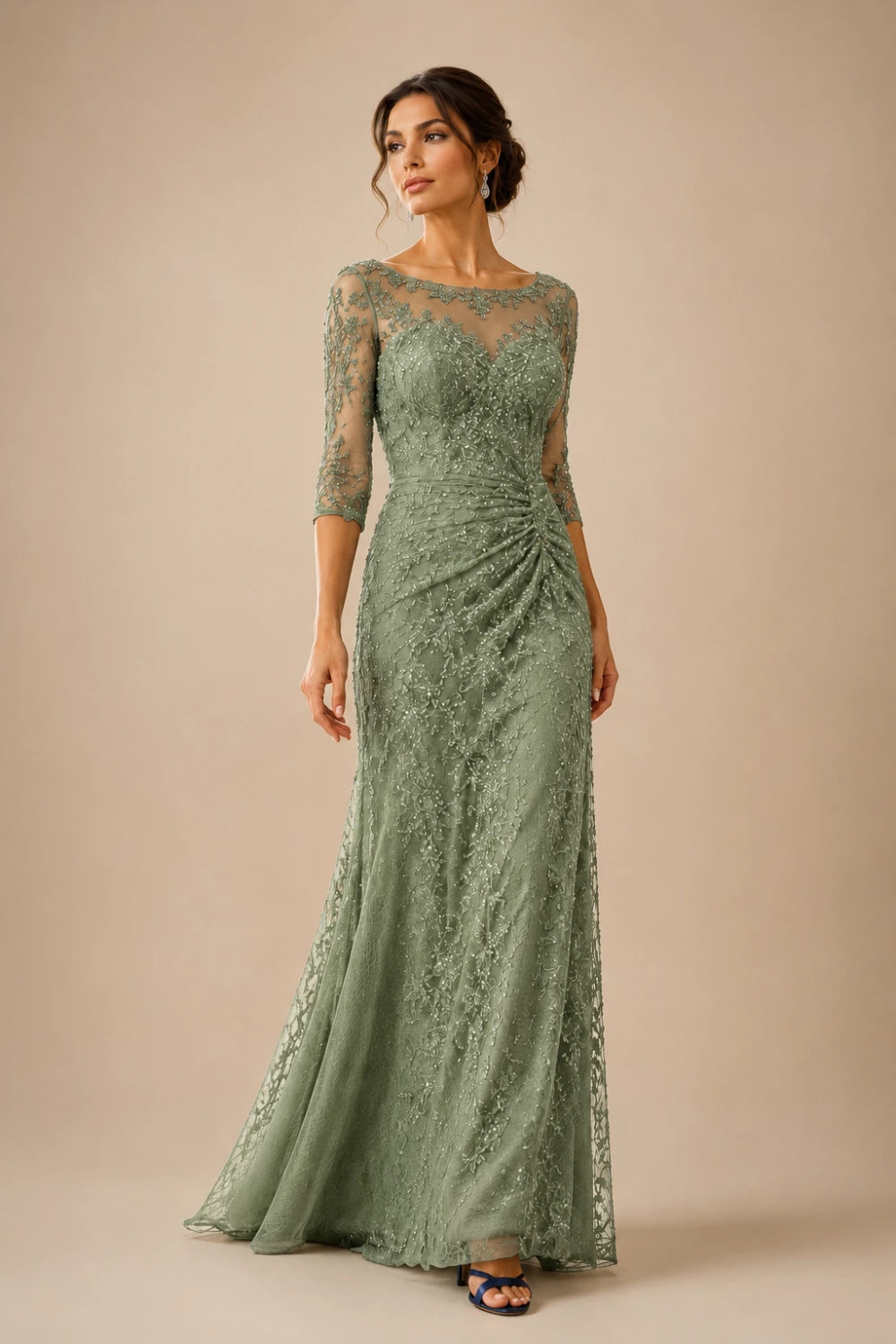 Lace Sequin Three-Quarter Sleeve Evening Gown