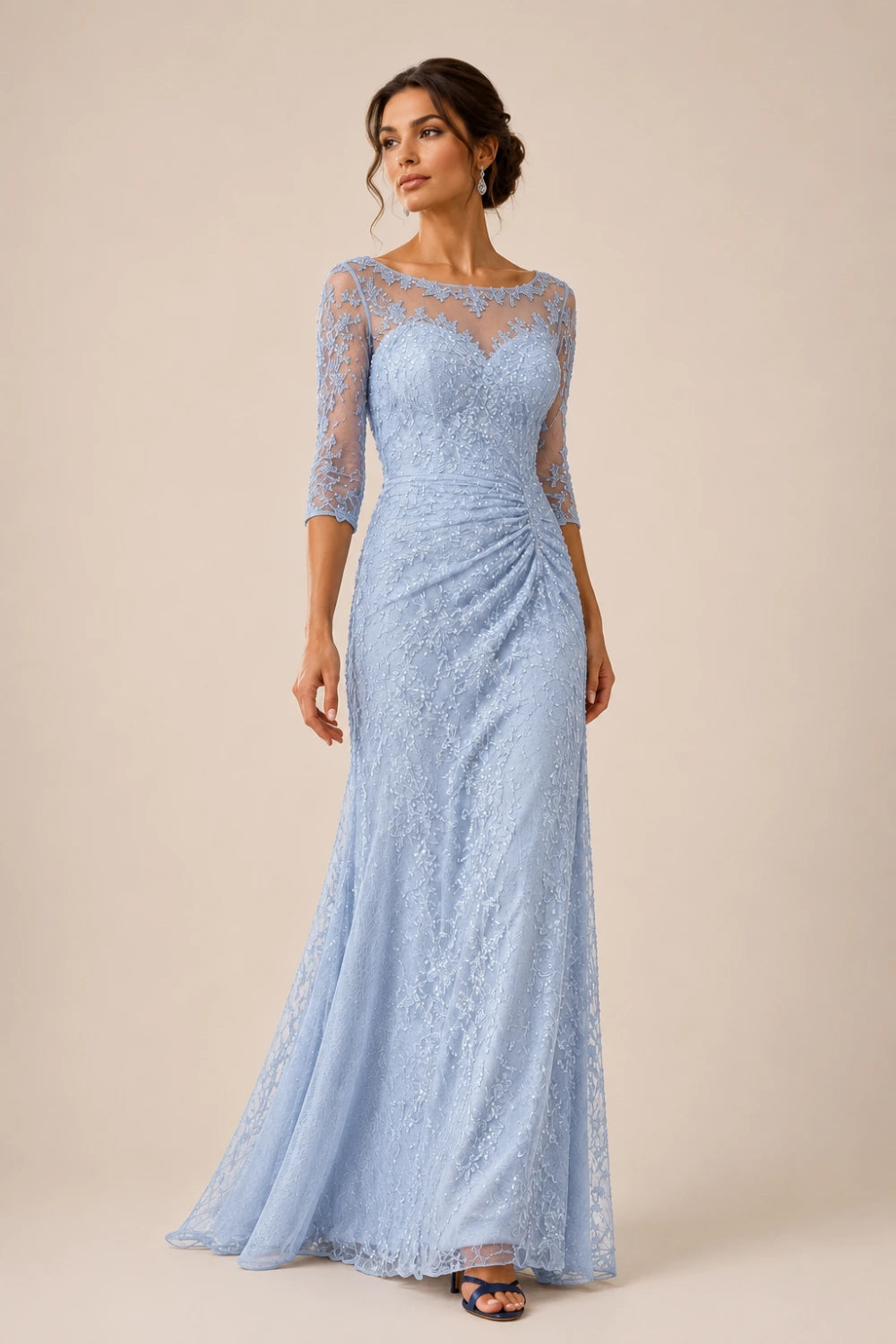 Lace Sequin Three-Quarter Sleeve Evening Gown