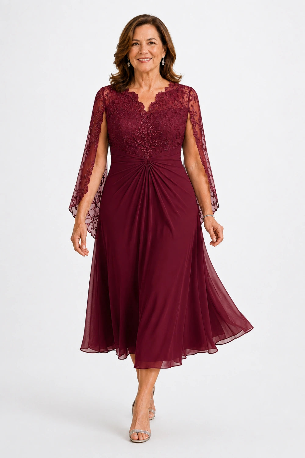 Lace-Sleeve Ruched A-Line Midi Dress