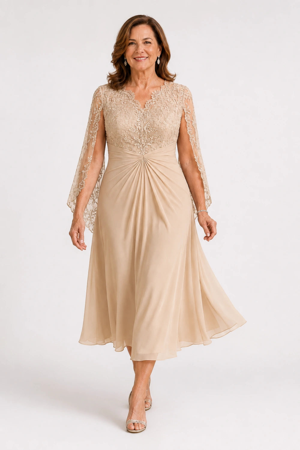 Lace-Sleeve Ruched A-Line Midi Dress