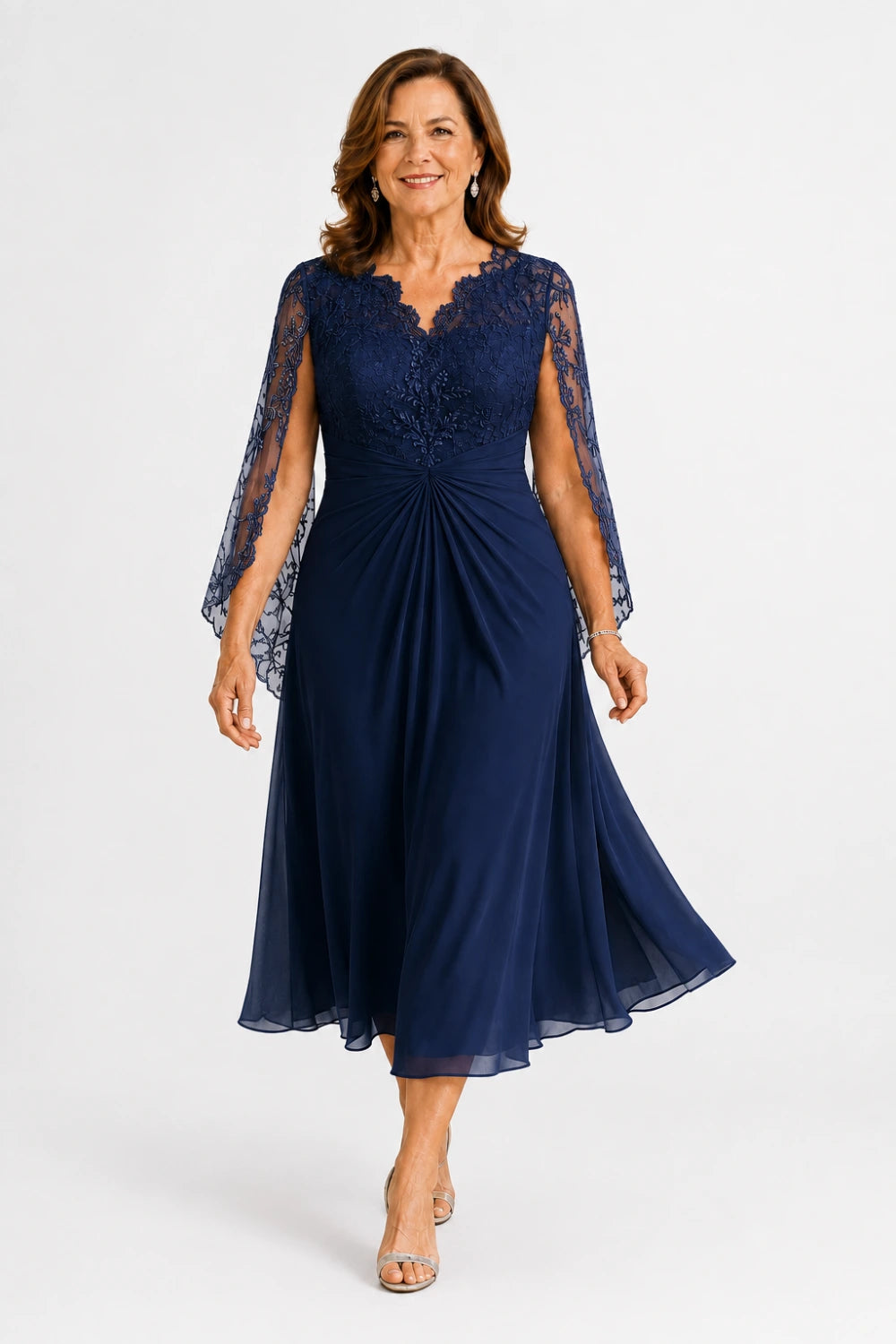 Lace-Sleeve Ruched A-Line Midi Dress