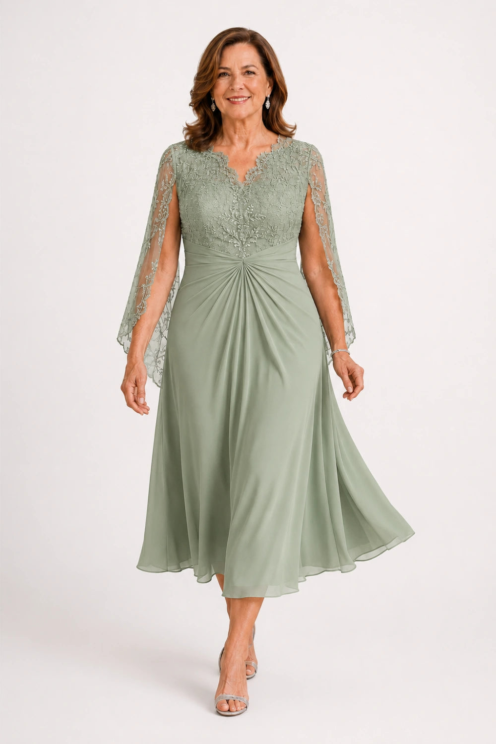 Lace-Sleeve Ruched A-Line Midi Dress