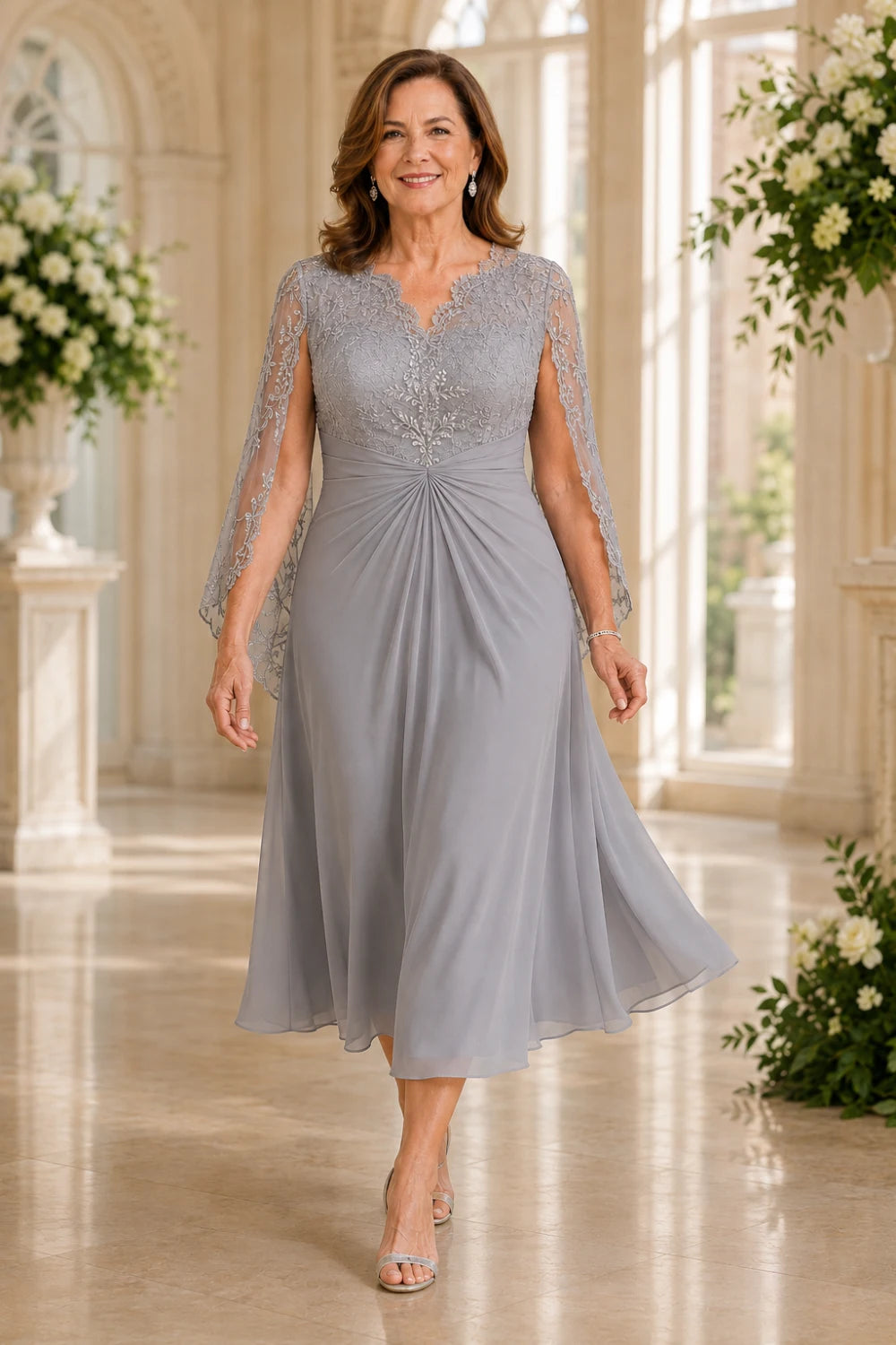Lace-Sleeve Ruched A-Line Midi Dress