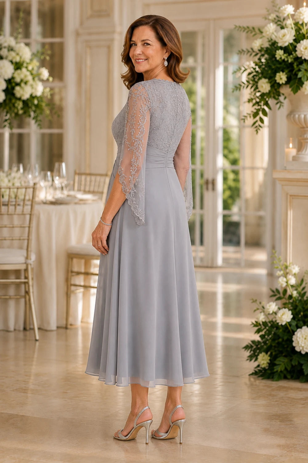Lace-Sleeve Ruched A-Line Midi Dress