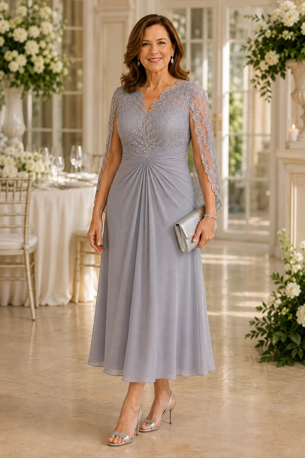 Lace-Sleeve Ruched A-Line Midi Dress