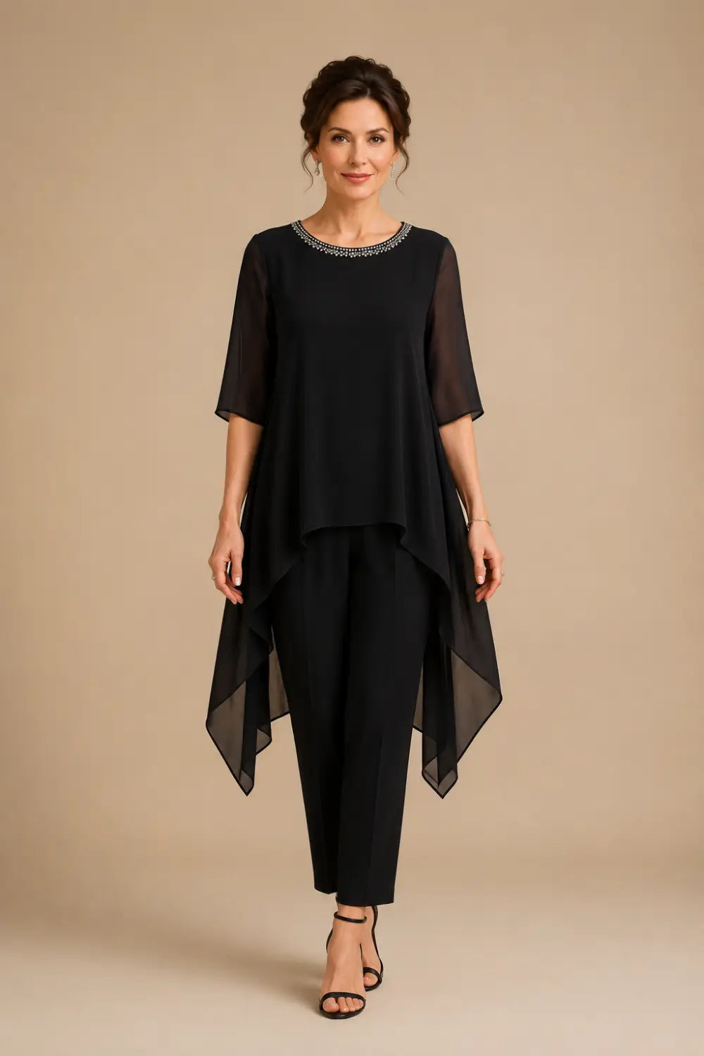 Layered Chiffon Capelet Pant Suit with Wide-Leg Pants