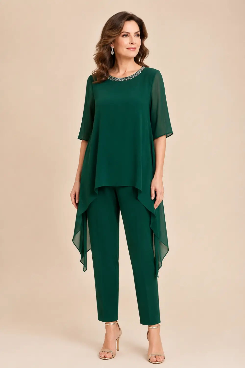 Layered Chiffon Capelet Pant Suit with Wide-Leg Pants
