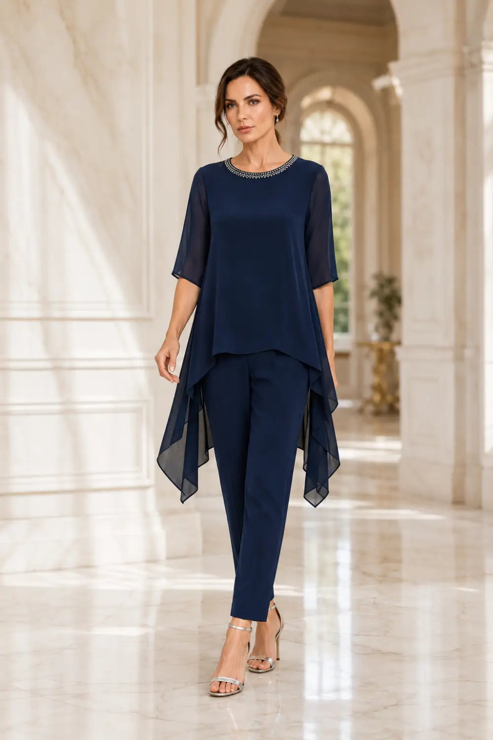 Layered Chiffon Capelet Pant Suit with Wide-Leg Pants
