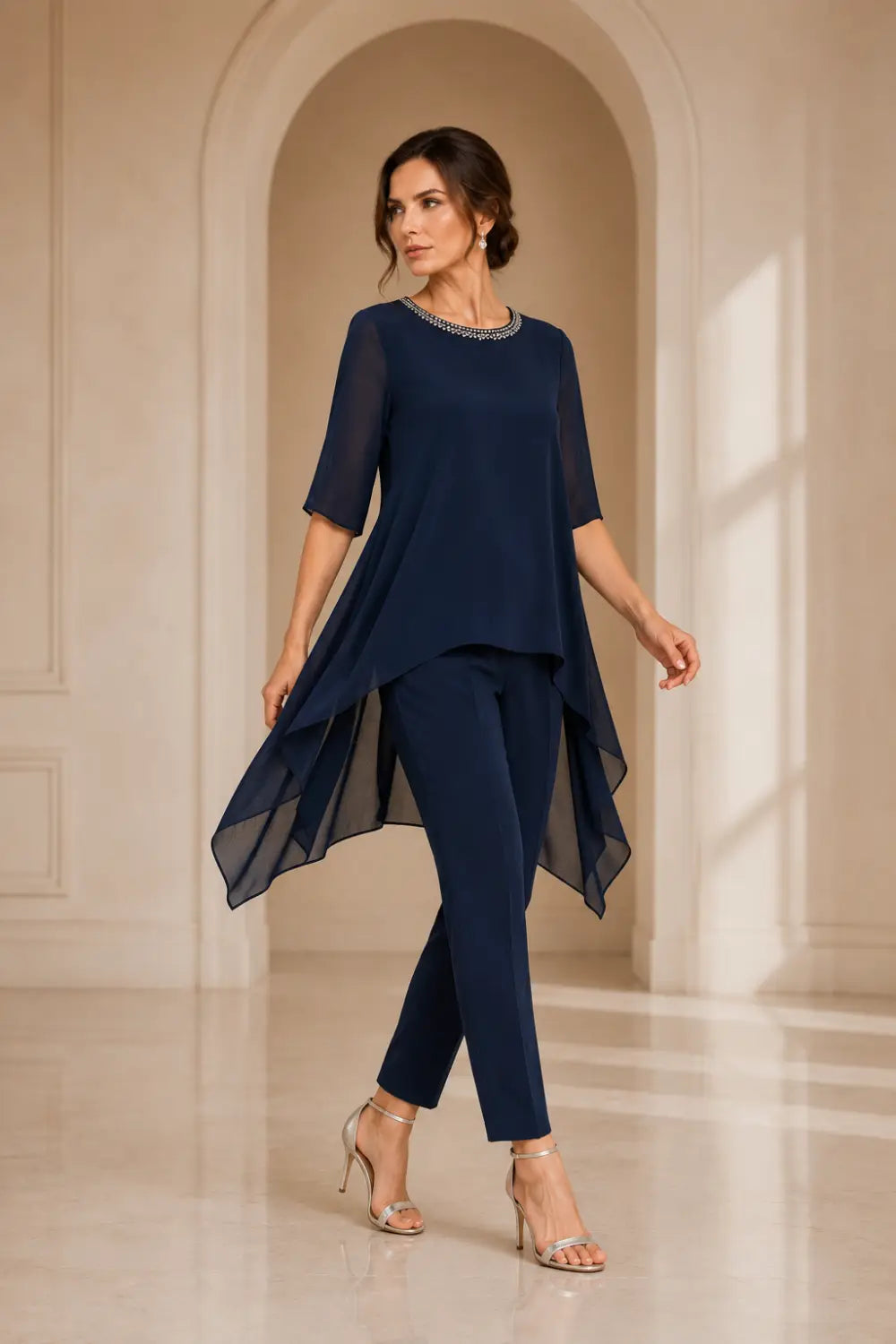 Layered Chiffon Capelet Pant Suit with Wide-Leg Pants