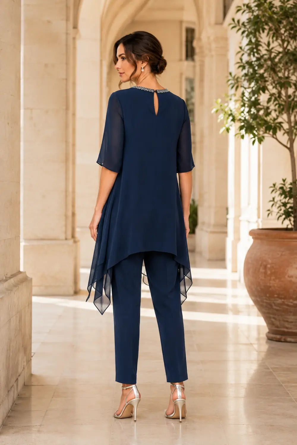 Layered Chiffon Capelet Pant Suit with Wide-Leg Pants