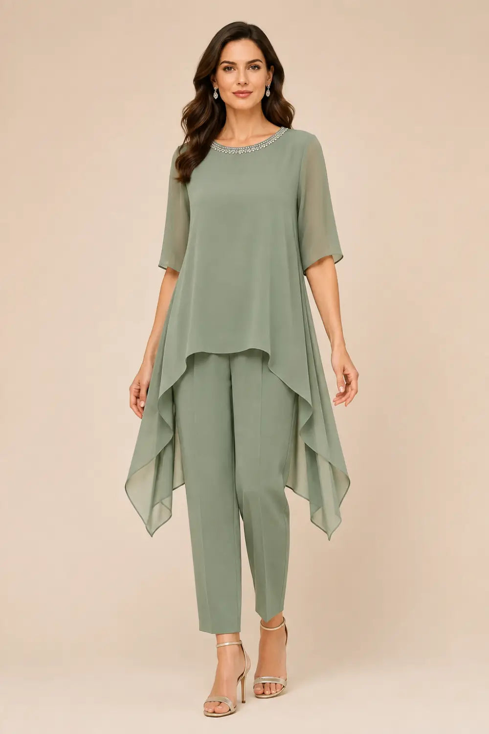 Layered Chiffon Capelet Pant Suit with Wide-Leg Pants