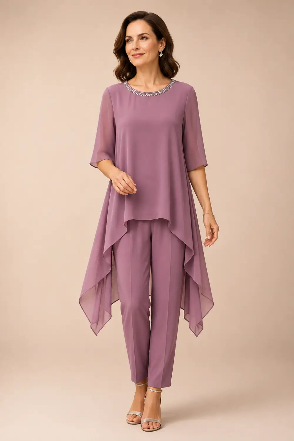 Layered Chiffon Capelet Pant Suit with Wide-Leg Pants