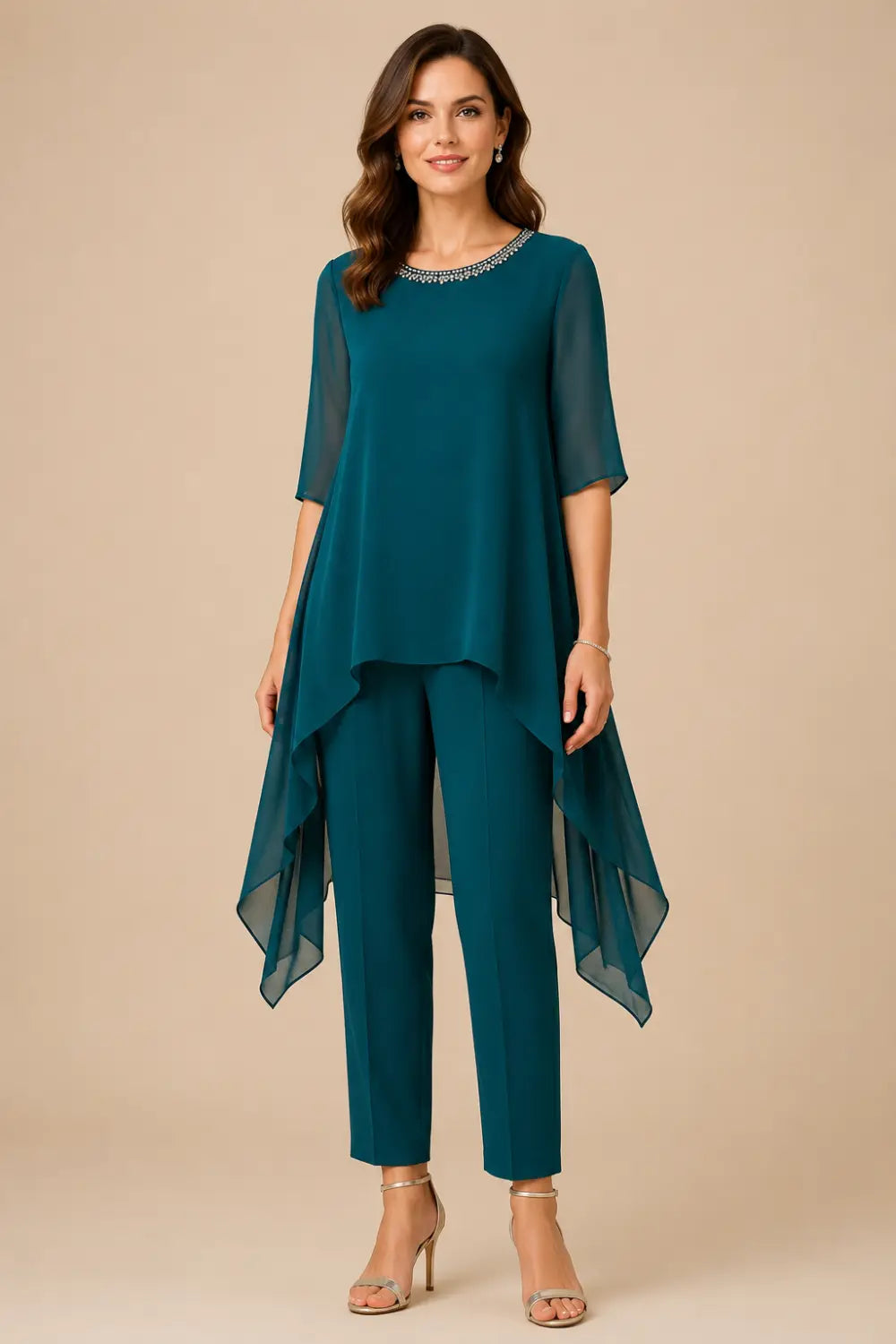 Layered Chiffon Capelet Pant Suit with Wide-Leg Pants