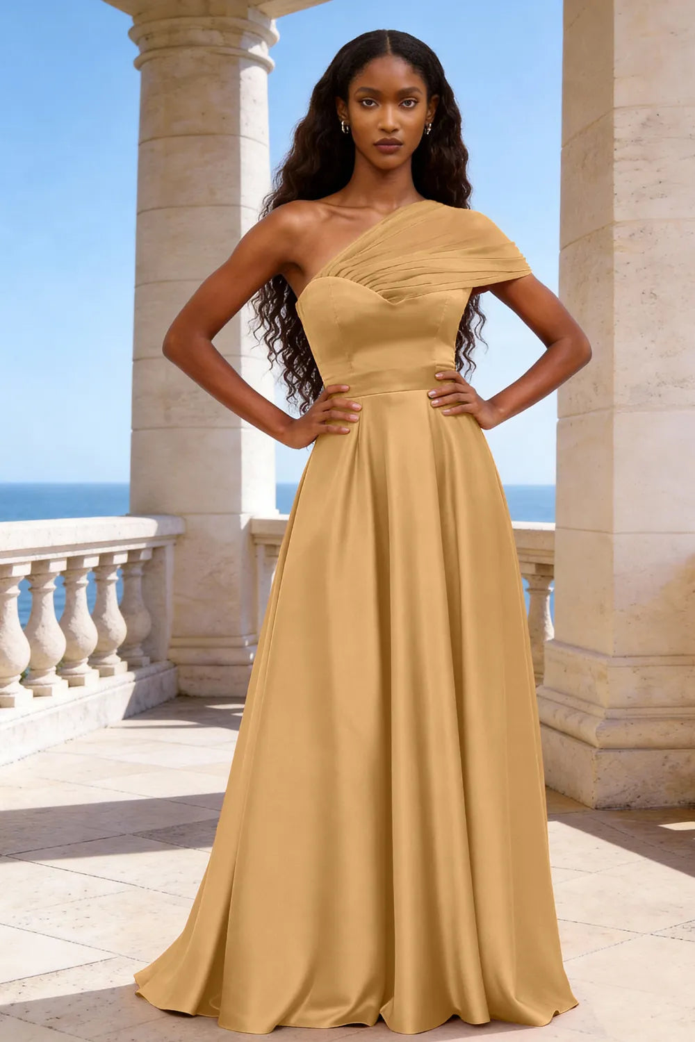 Celestia One-Shoulder Satin A-Line Evening Gown