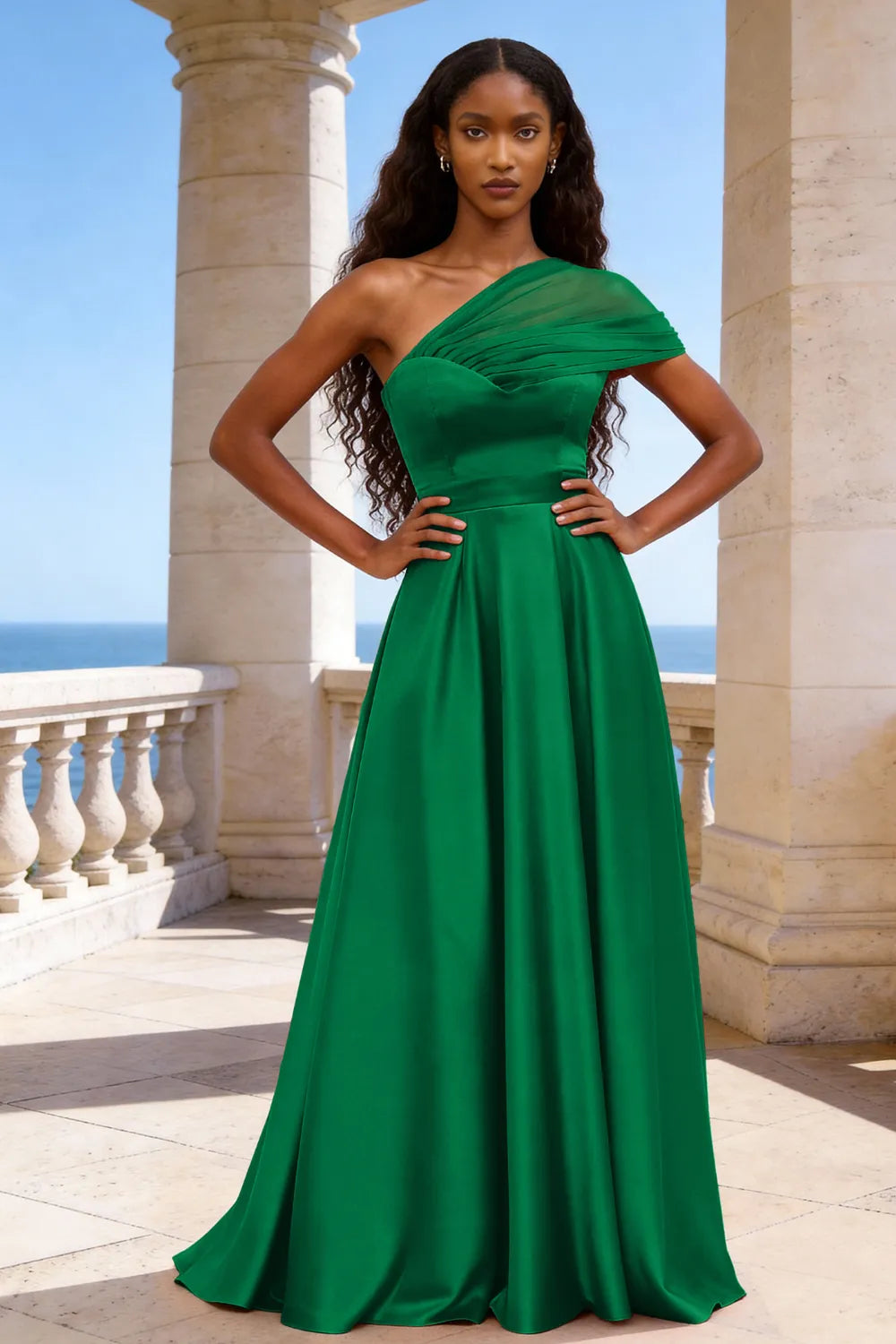 Celestia One-Shoulder Satin A-Line Evening Gown
