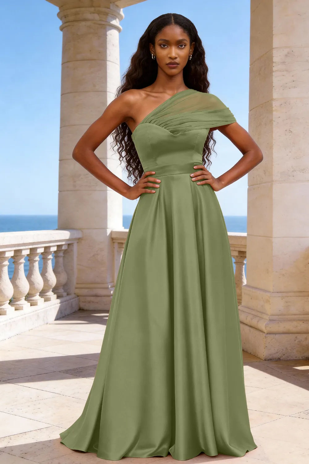 Celestia One-Shoulder Satin A-Line Evening Gown