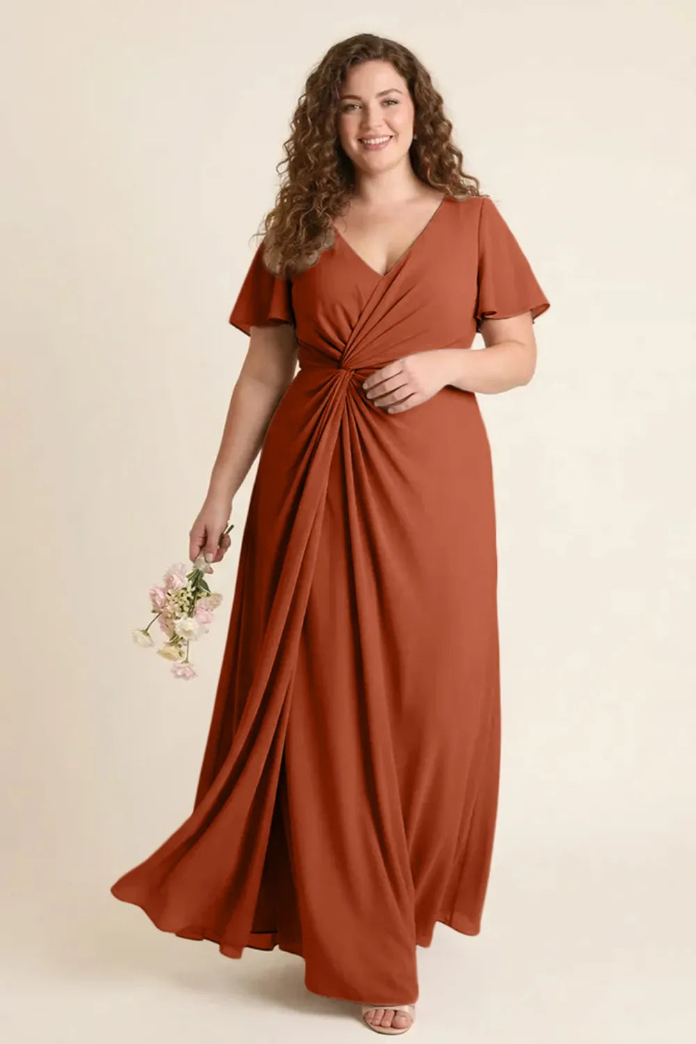 Aurora Ruched V-Neck Chiffon Maxi Dress