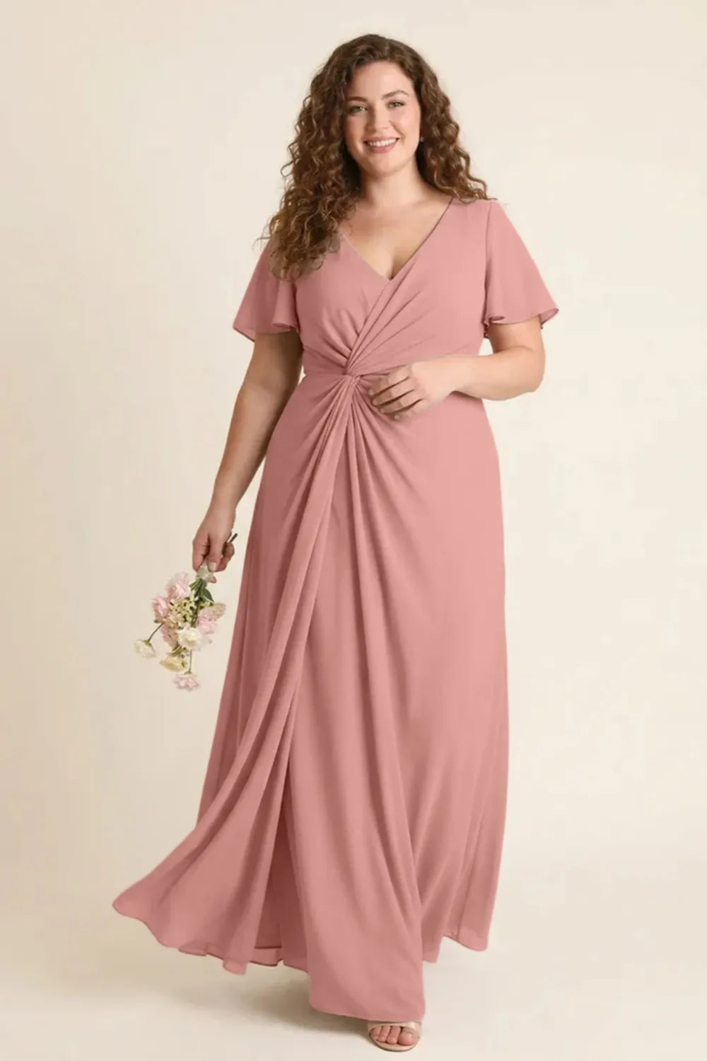 Aurora Ruched V-Neck Chiffon Maxi Dress