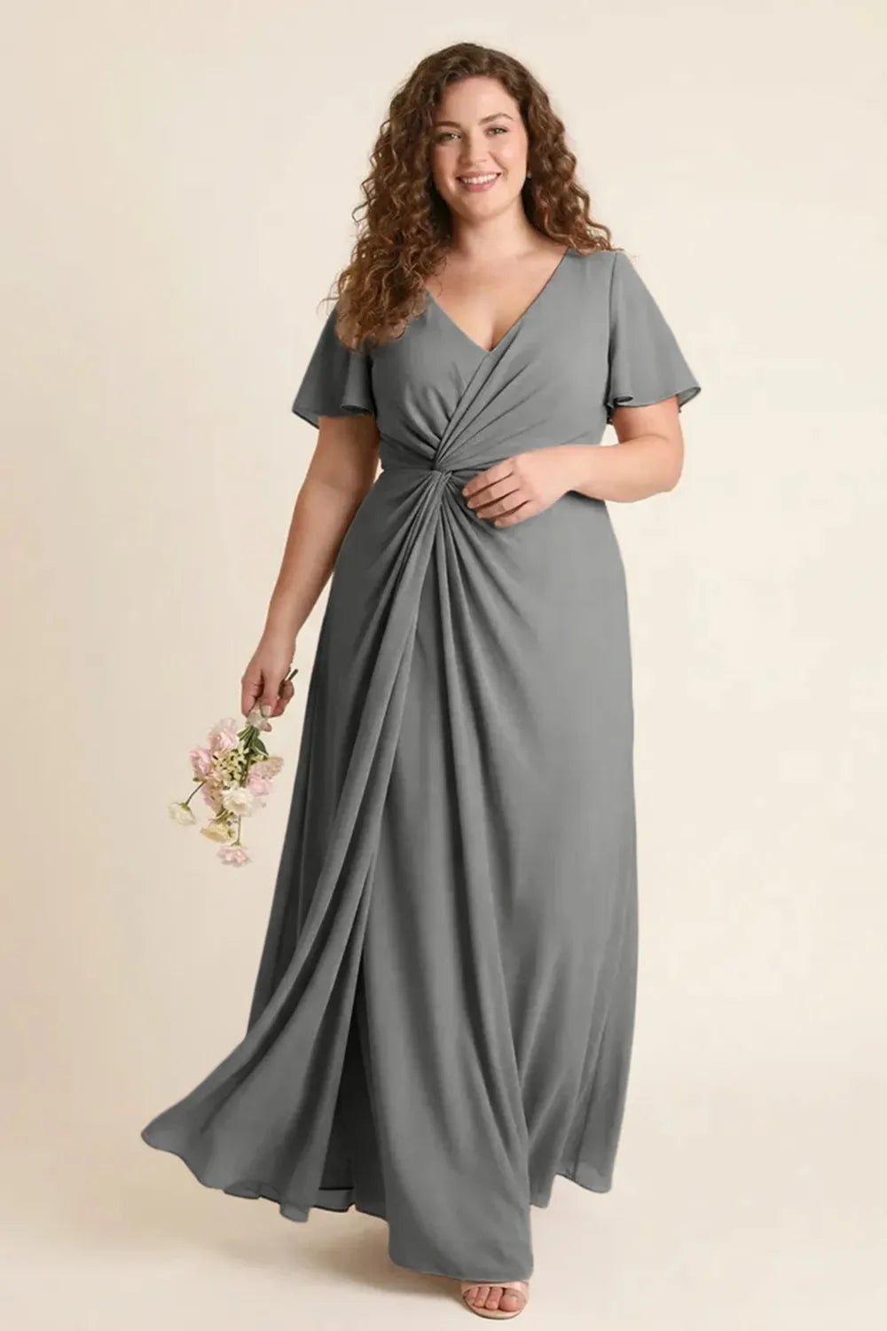 Aurora Ruched V-Neck Chiffon Maxi Dress