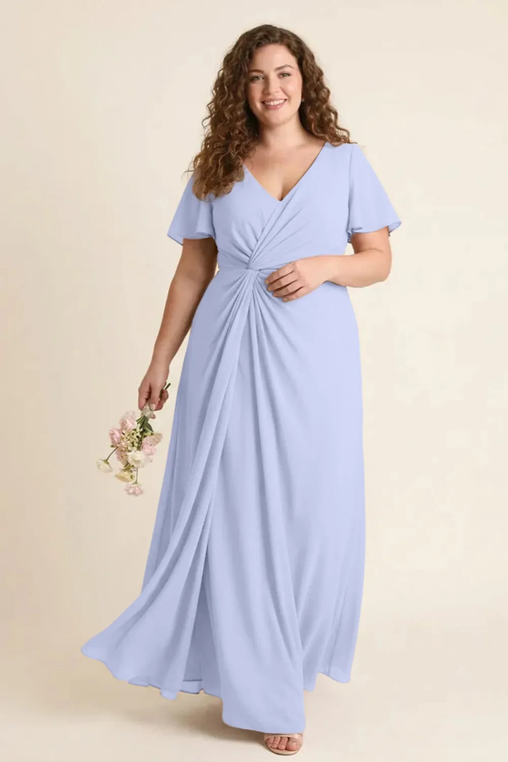 Aurora Ruched V-Neck Chiffon Maxi Dress