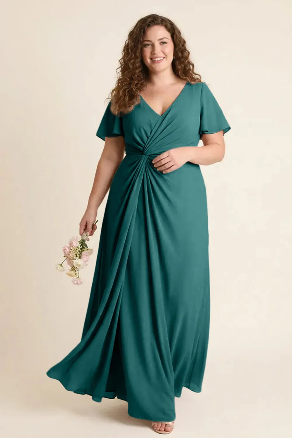 Aurora Ruched V-Neck Chiffon Maxi Dress