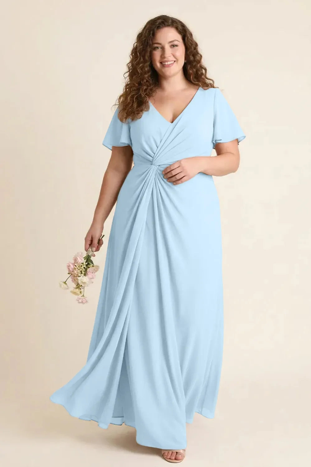 Aurora Ruched V-Neck Chiffon Maxi Dress