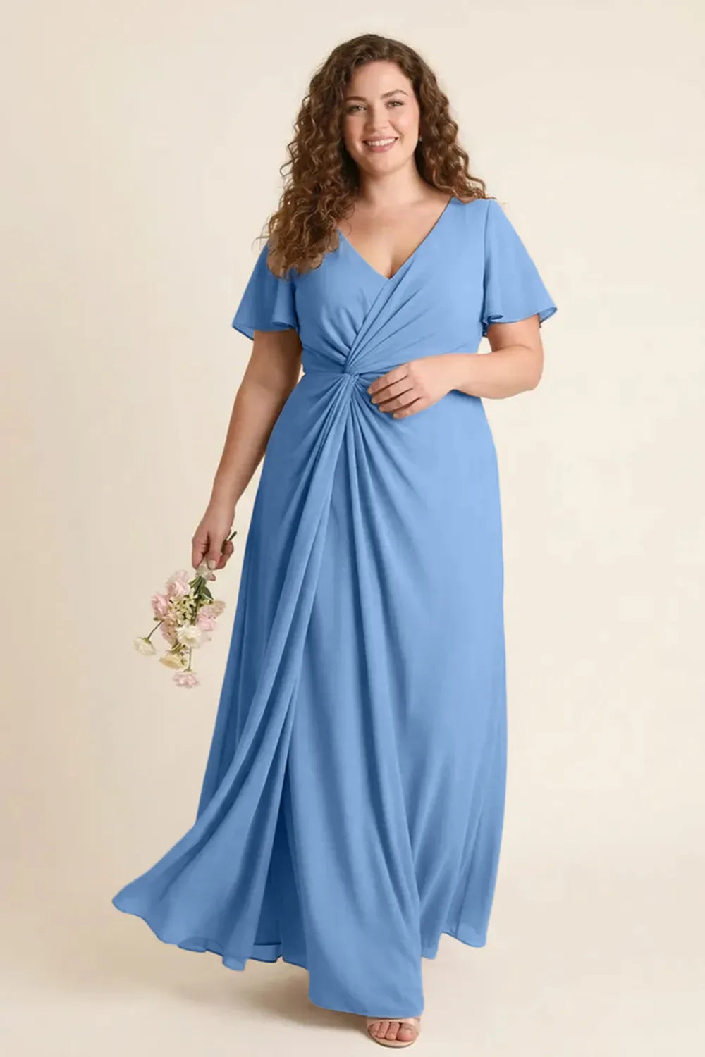 Aurora Ruched V-Neck Chiffon Maxi Dress