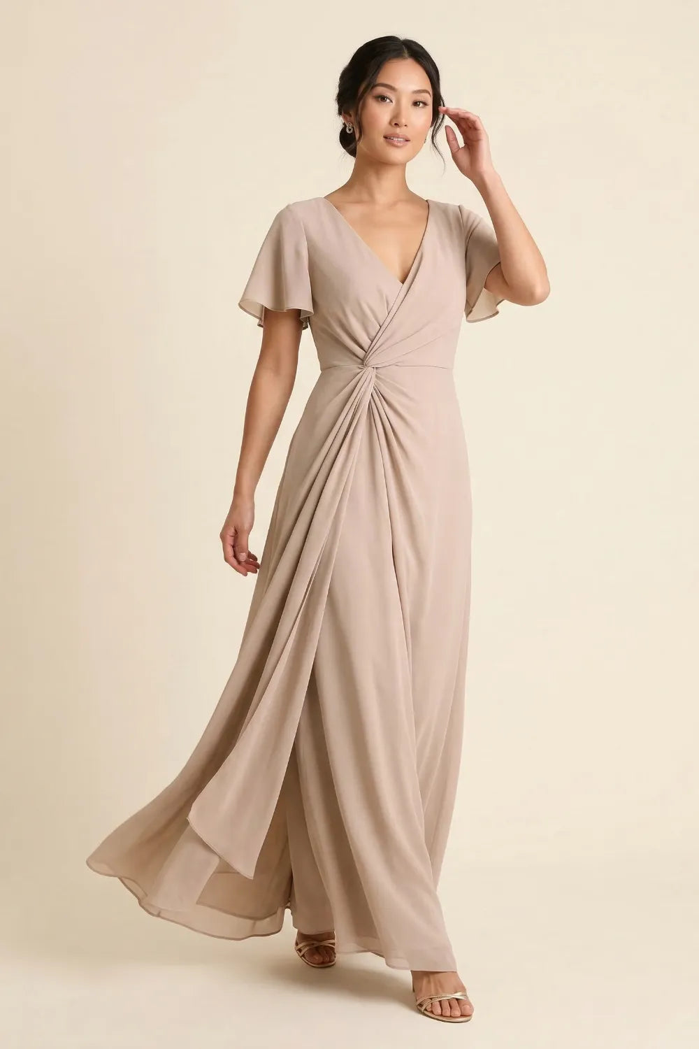 Aurora Ruched V-Neck Chiffon Maxi Dress