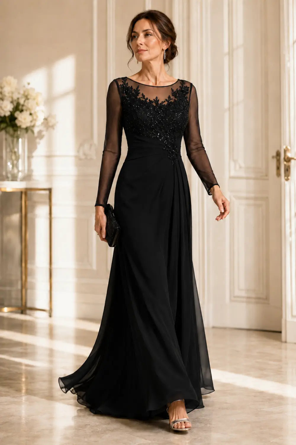 Long Sleeve Lace Chiffon Evening Gown