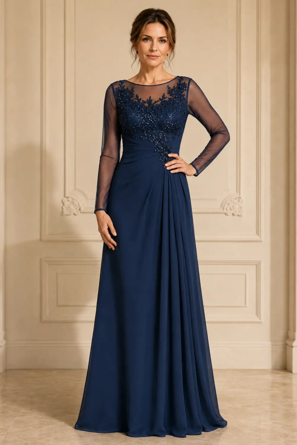 Long Sleeve Lace Chiffon Evening Gown