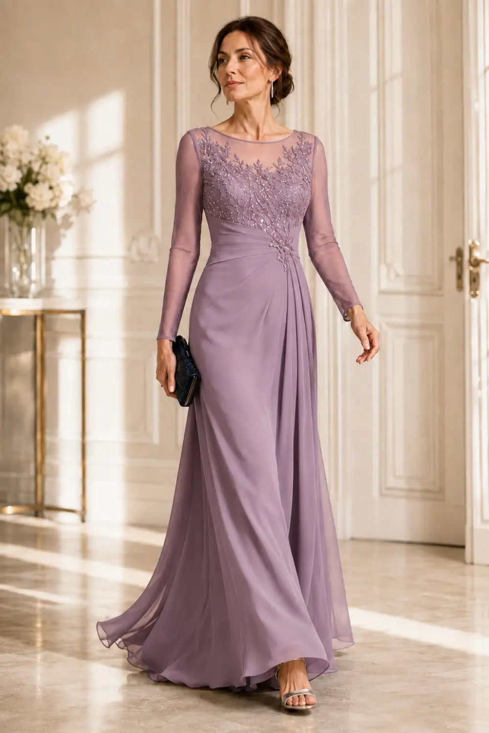 Long Sleeve Lace Chiffon Evening Gown