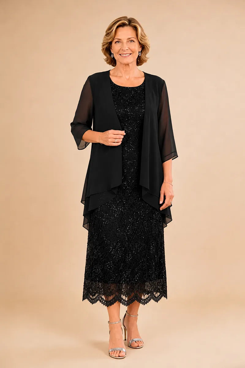 Refined Lace Midi Formal Dress with Sheer Chiffon Cover-Up