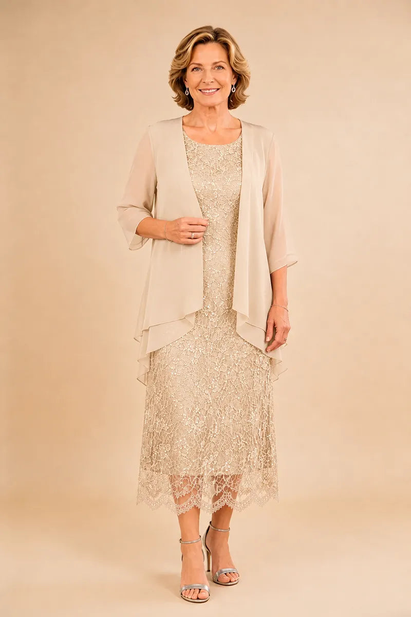 Refined Lace Midi Formal Dress with Sheer Chiffon Cover-Up