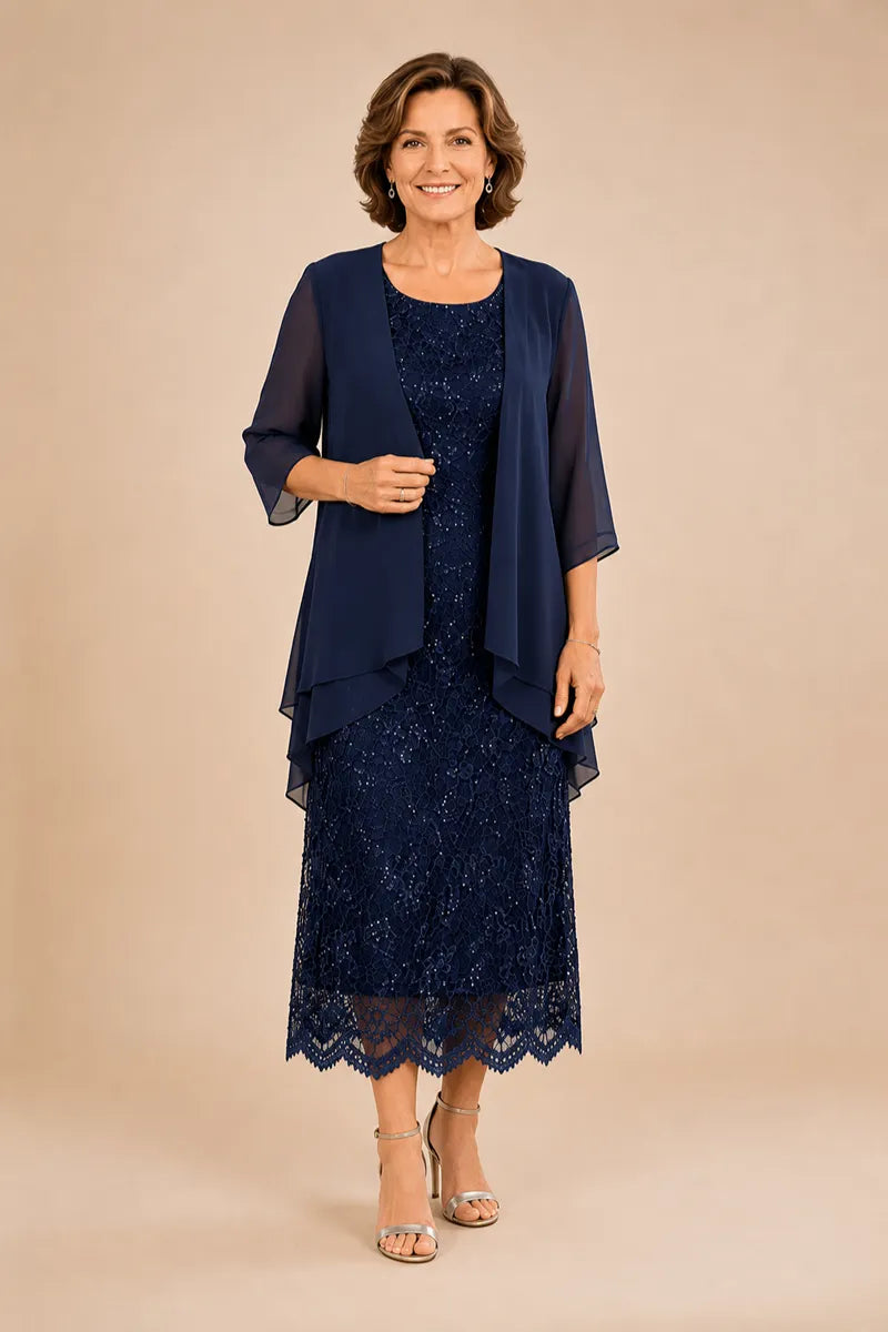 Refined Lace Midi Formal Dress with Sheer Chiffon Cover-Up