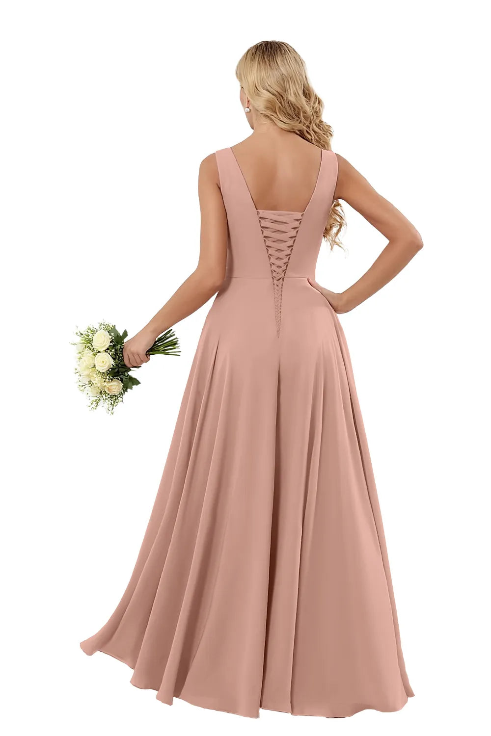 Elegant Chiffon Lace-Up Back Maxi Dress with Slit