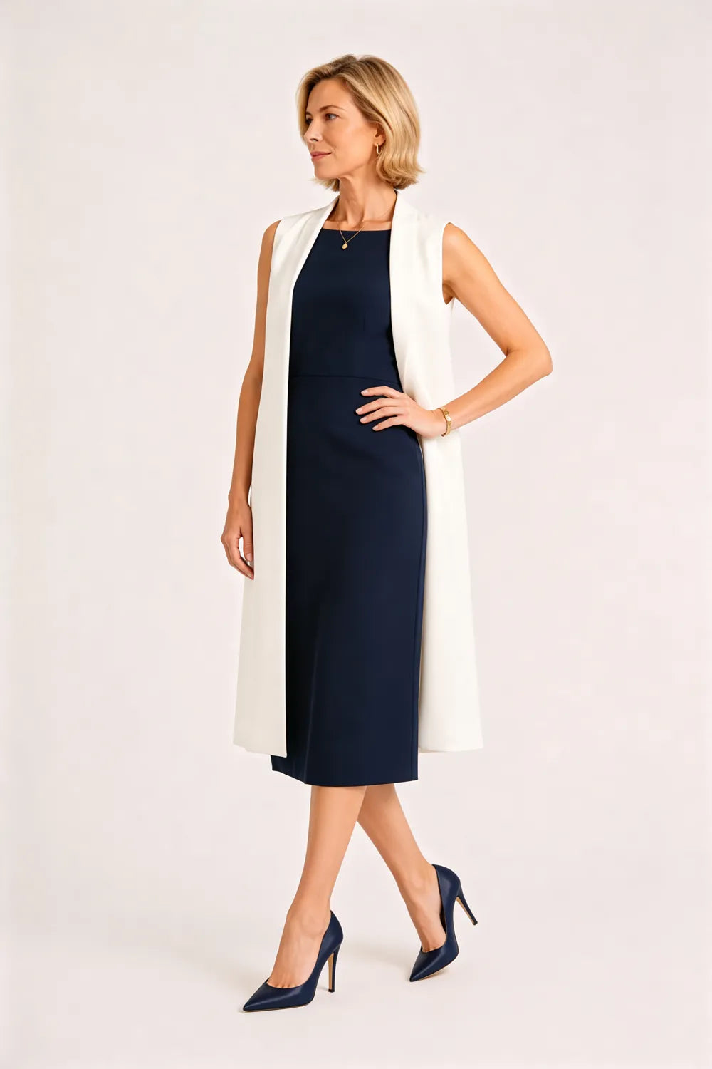 Sleeveless Sheath Midi Dress with Long Vest